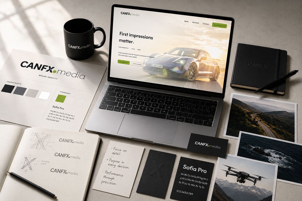 CANFX Marken- und Websitekonzept auf Laptop und Arbeitsmaterialien